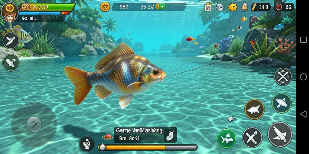 Screenshot gameplay menunjukkan momen seru saat memancing ikan besar.