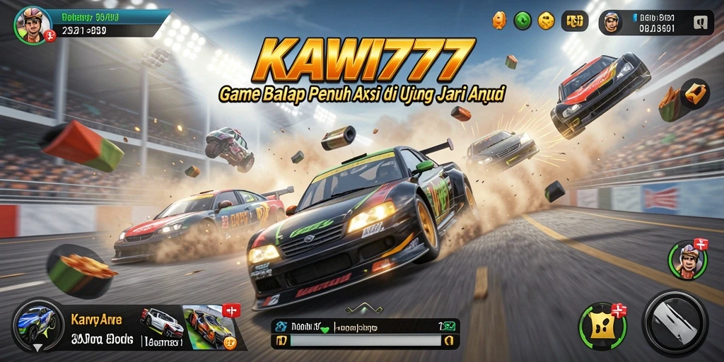 Screenshot gameplay KAWI777 menunjukkan action balapan seru di trek yang menantang.