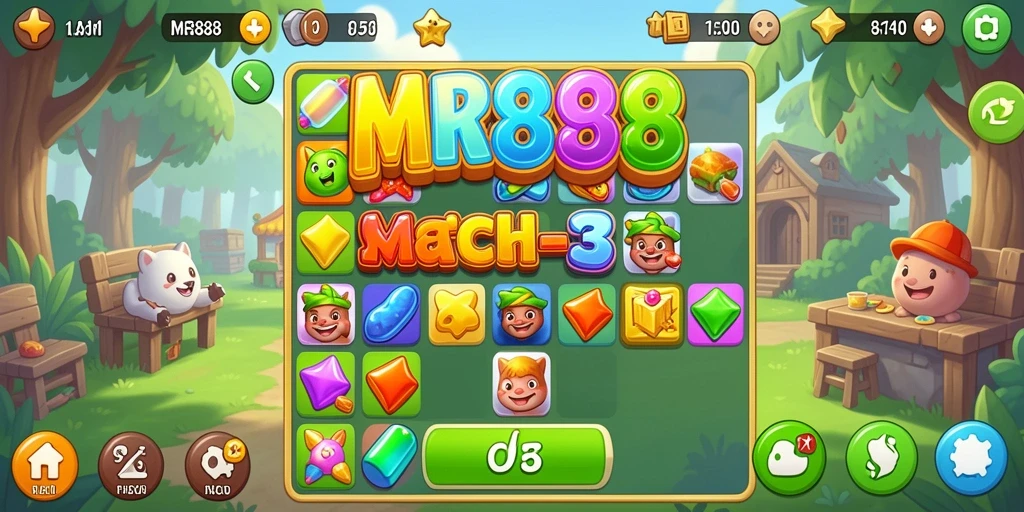 Tampilan gameplay Match-3 yang menarik dan penuh warna.