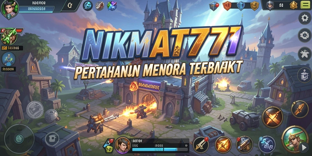Tampilan gameplay menegangkan di <strong>NIKMAT777</strong> dengan berbagai menara pertahanan.