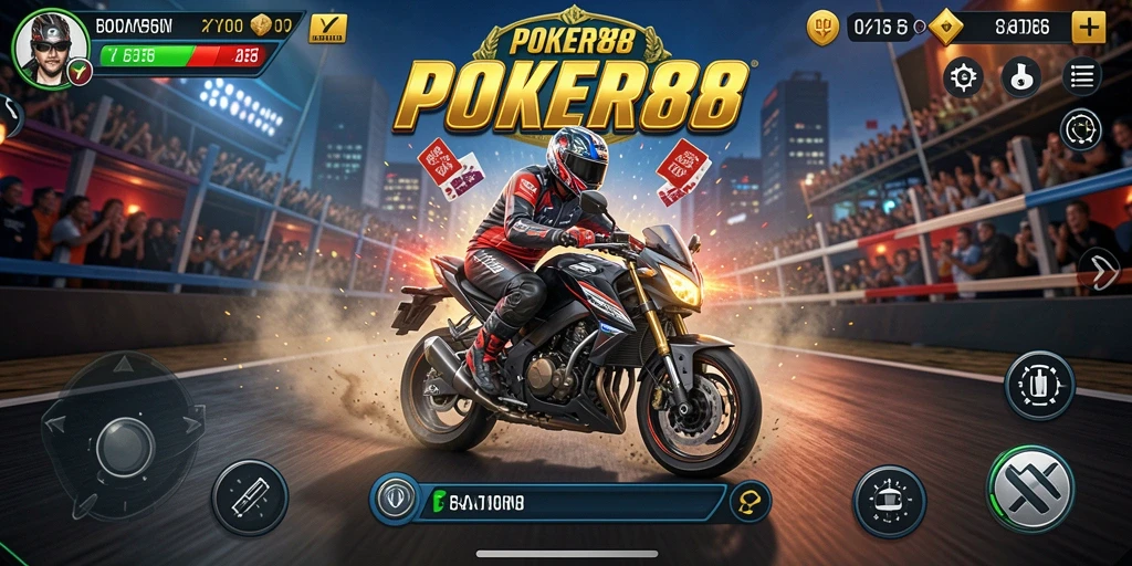 Tampilan menarik dari gameplay balapan motor POKER88 saat melaju kencang di lintasan.