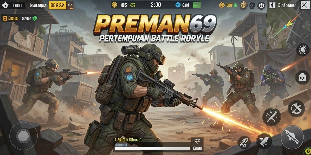 Tangkapan layar utama PREMAN69 menampilkan aksi pertempuran seru.
