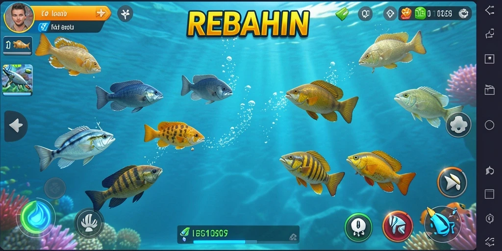 Screenshot utama REBAHIN menampilkan aksi seru menangkap ikan.